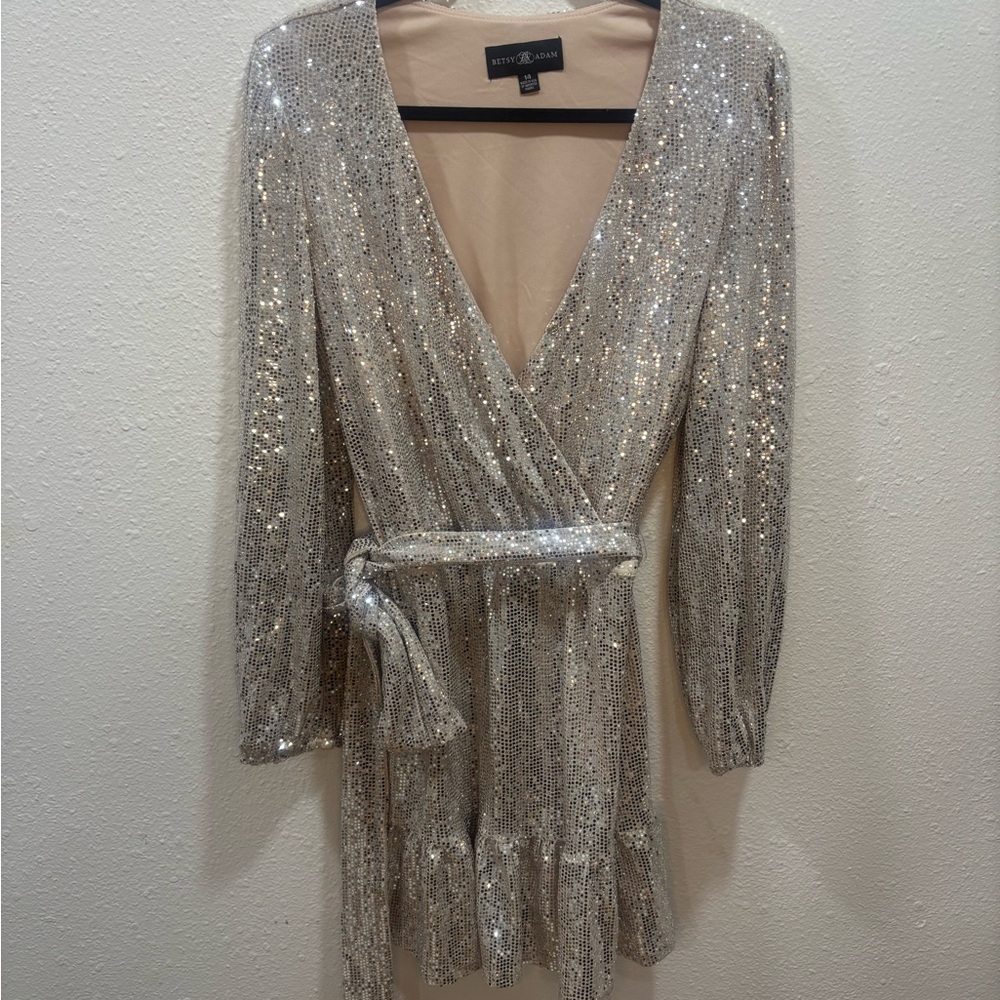 Betsy & Adam Silver Sequin Wrap-Style Long Sleeve Dress Size 14